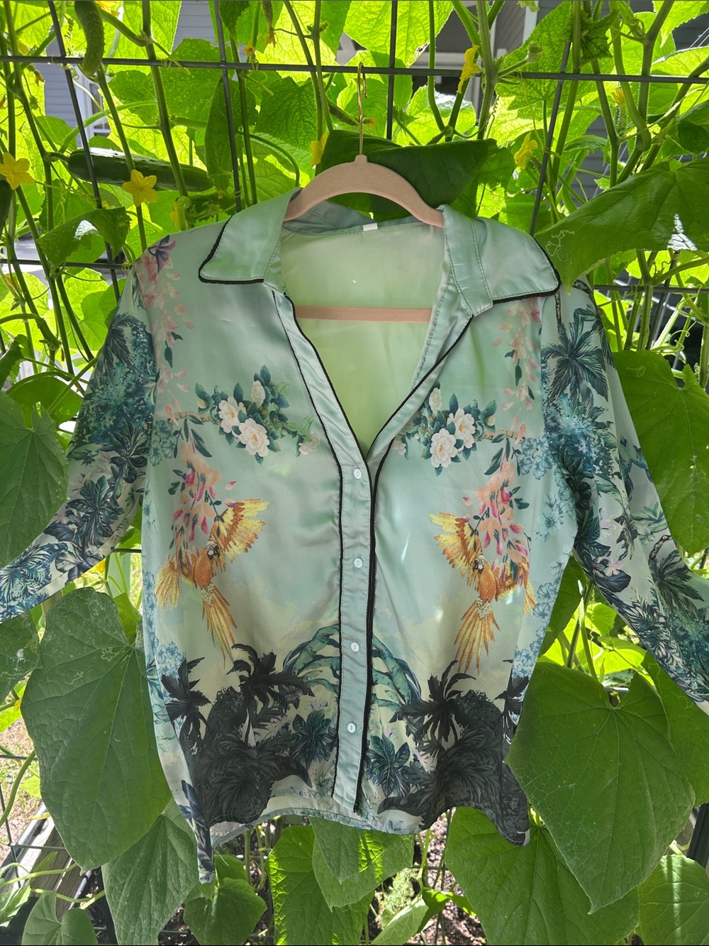Silk-Look Floral & Parrot Button-Up Shirt - Seafoam Green